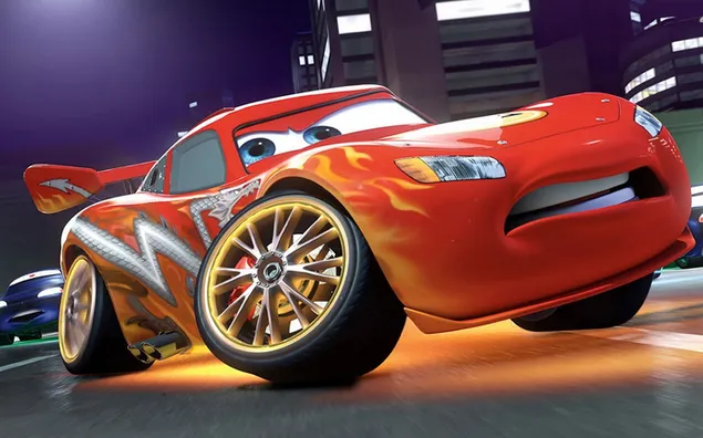Rayo Mcqueen de la película animada Cars on the track con ruedas de acero amarillas anchas en un diseño de llama roja