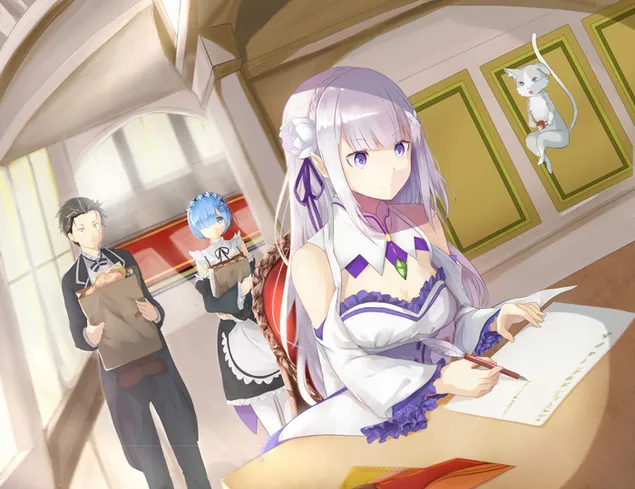 Re: Zero - Natsuki Subaru, Rem, Puck & Emilia HD kertas dinding