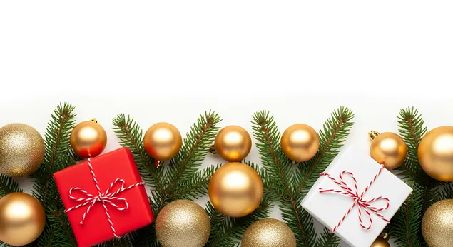 rot-weisse geschenkboxen, verziert mit goldenen ornamenten und tannenzweigen - weihnachtskugel herunterladen