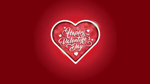 Roter Hintergrund, Herz darauf und Happy Valentine's Day-Schriftzug im Inneren herunterladen