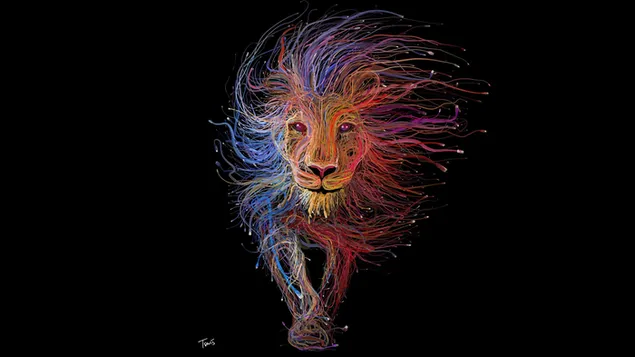 Ilustración de león multicolor rojo, azul y naranja