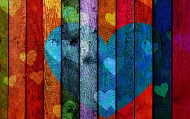 Ilustración de corazón rojo, azul, púrpura y amarillo, amor, fondo de madera descargar