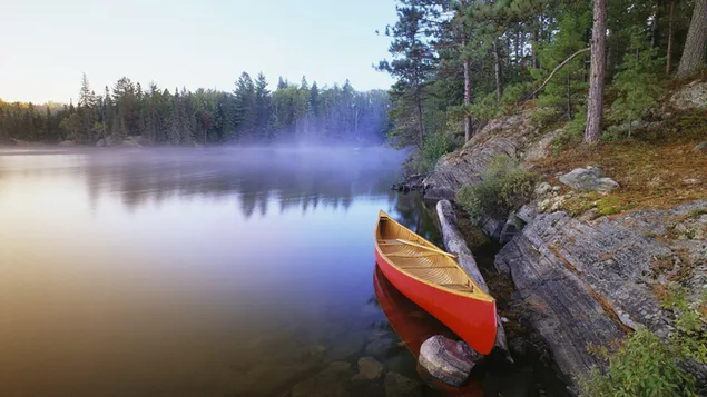 森の岸にある湖の赤いボート HD 壁紙