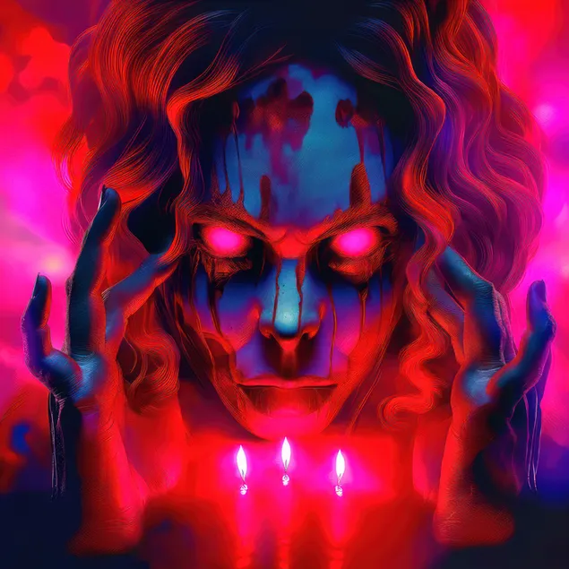 Taustpilt kättemaksuhimulise näoga punane kloun 2K