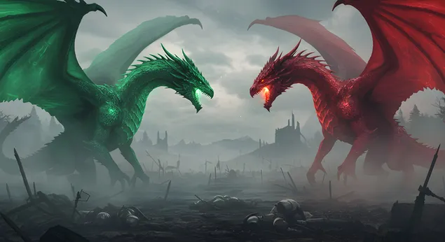 Dragón Rojo vs. Dragón Verde – Arte cinematográfico de la Casa del Dragón 4K fondo de pantalla
