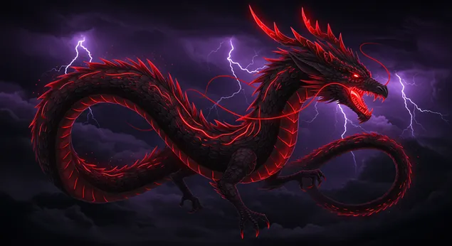 Röd glödande drake i ett åskväder, Drakens hus för skrivbordsbakgrund 4K bakgrund