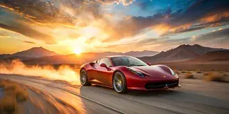 crveni ferrari u utrci pustinjskom cestom u zalazak sunca s planinama u daljini preuzmi
