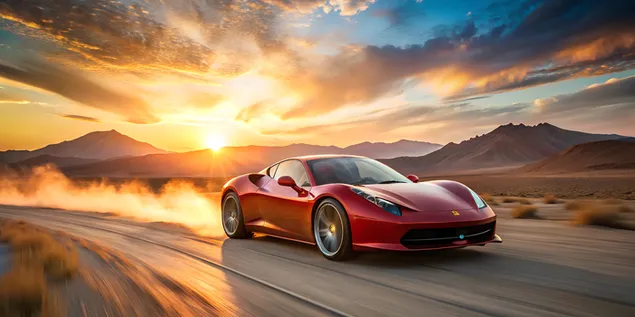 Crveni Ferrari trka na pustinjskom putu u zalasku sunca s planinama u daljini 4K pozadina