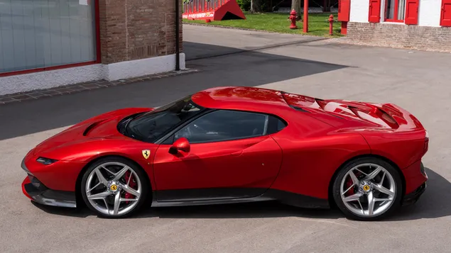 Rode Ferrari SP38 sportwagen zijaanzicht HD achtergrond