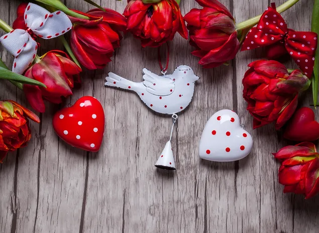 Red flowers, polka dots hearts and a dove in a wooden plank 2K wallpaper