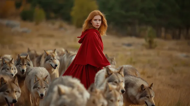 punatukkainen nainen punaisessa viittaan susien keskella syyspellolla lataa