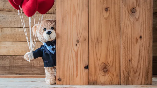 Red heart balloons for mother's day in bear teddy's hand 4K wallpaper
