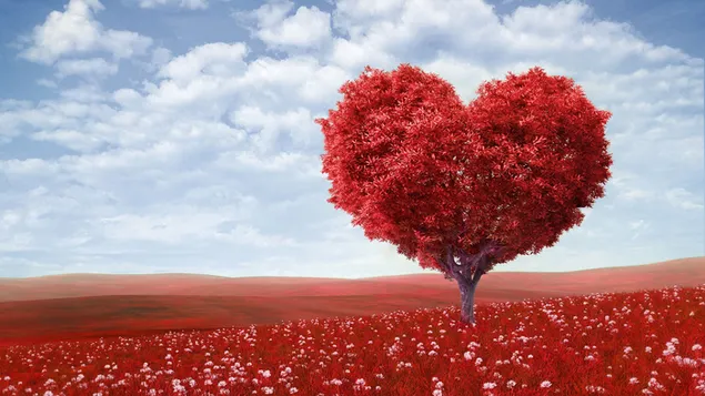 Red heart tree in a red flower field 