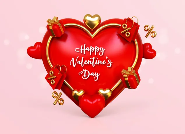 Rood hart met gouden frame en happy valentine-letters binnenin, kleine hartjes en cadeauzakjes, roze achtergrond download