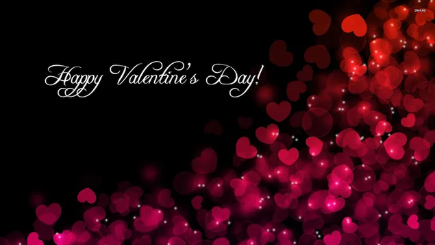 Rote kleine Herzen glücklicher Valentinstag Schriftzug und schwarzer Hintergrund