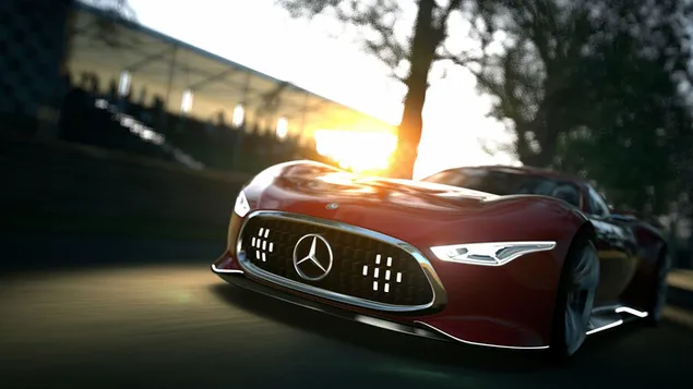 Red Mercedes Benz AMG Vision di jalan dengan barisan pepohonan