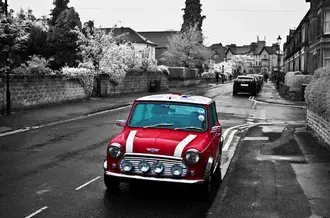 Tapeta Red Mini Cooper park strana silnice fotografování 2K