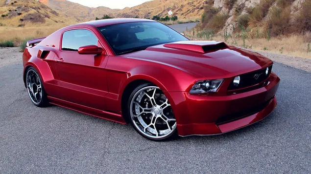 Rode gemodificeerde Ford Mustang muscle-sportwagen HD achtergrond