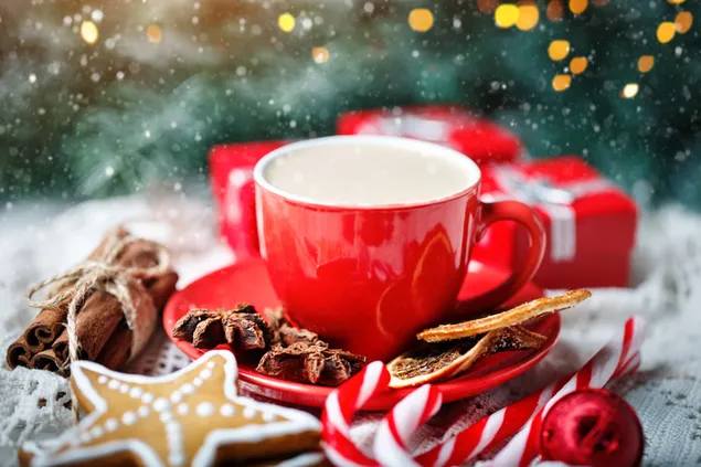 Red mug and warm Christmas ornaments download