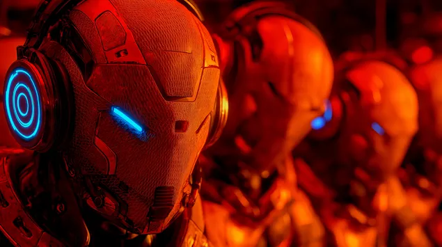 Crveni robotski stražari sa svjetlećim HUD-om i slušalicama 2K pozadina