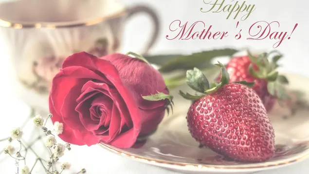 Rote Rose und Erdbeere zum Muttertag HD Hintergrundbild
