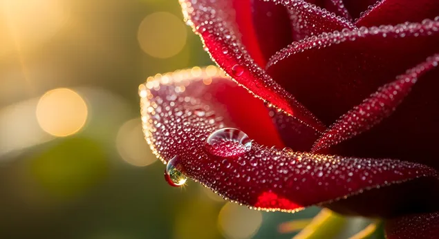 Rød rosenblad med dugdråber i gyldent morgenlys 4K baggrundsbillede