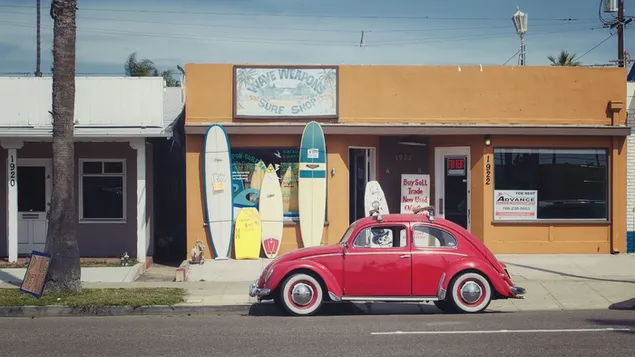 Roter Volkswagen-Käfer tagsüber auf der Straße in der Nähe des Ladens 4K Hintergrundbild