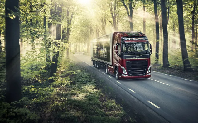 Red Volvo Truck at the road forest