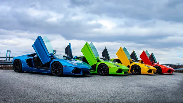 Red yellow green and blue single door sports cars 2K wallpaper