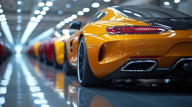 rafinovany vykon: ohromujuce zlte sportove auto v showroom glow stiahnut