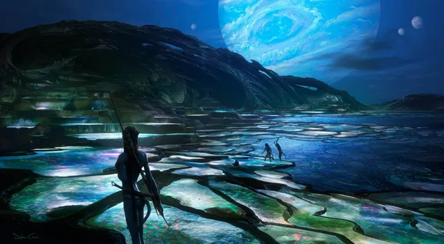 Reflektierte Lichter und buntes Poster von Avatar 2, Science-Fiction-Film unter der Regie von James Cameron herunterladen