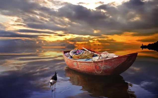 Reflejo de nubes y barco de pesca en el lago. HD fondo de pantalla