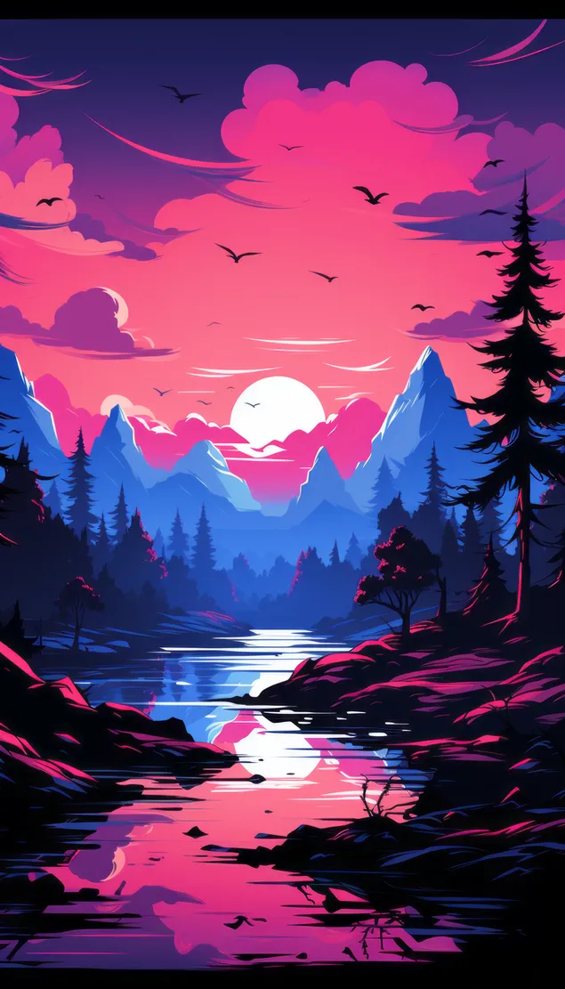 Шпалери Відображення гір, птахів і лісових дерев у спокійній річці на заході сонця 4K