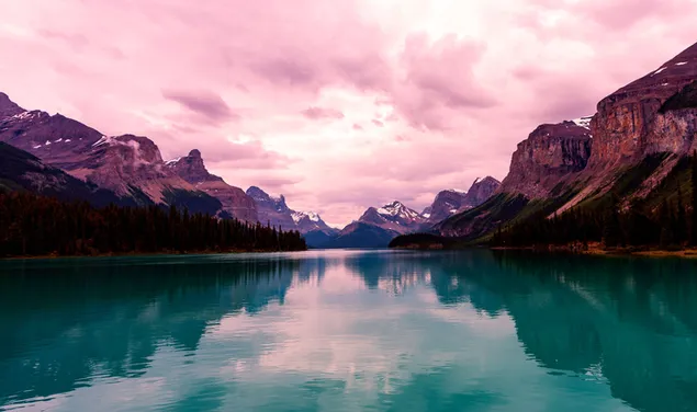 Reflection of pink cloudy sky and mountains, snowy peaks, trees in lake