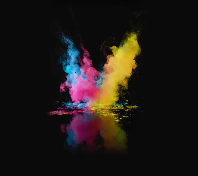 Reflection of yellow, blue and pink color smoke on black background