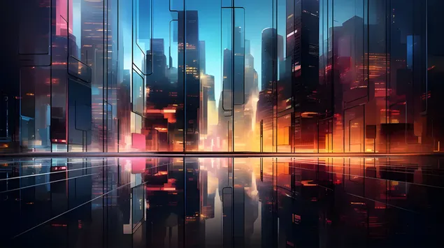 Reflektime të së ardhmes: Një peizazh modern i qytetit me drita të gjalla dhe struktura xhami 8K sfond