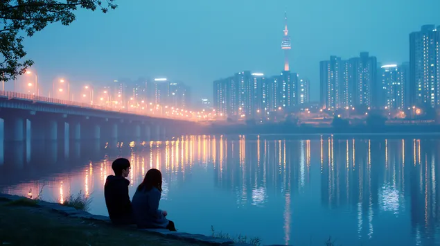 wieczor refleksyjny: para nad rzeka, mostem i blaskiem miasta pobierz