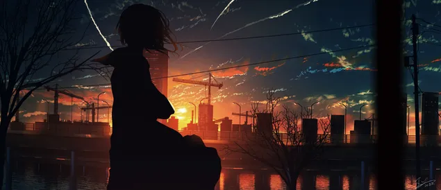 Reflexion von Gebäuden und Silhouette von Anime-Mädchen unter den roten Sonnenstrahlen bei bewölktem Wetter