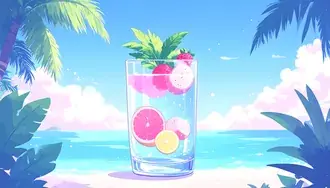 refreshing fruit infused drink on tropical beach with palm trees