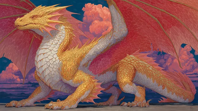 Kunglig gyllene drake med vidsträckta röda vingar vid solnedgången 2K bakgrund