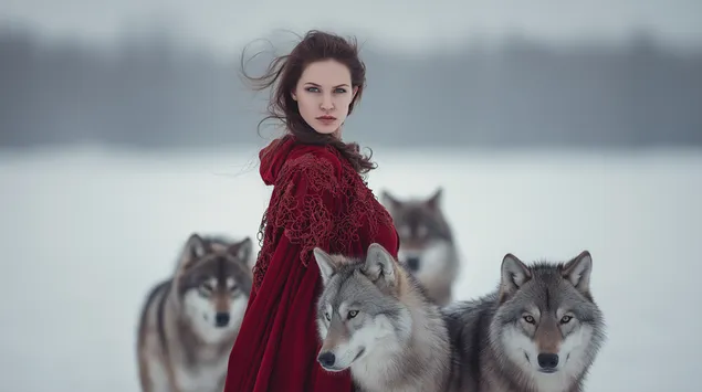 grua mbreterore me pelerine te kuqe me ujqer ne nje peizazh me debore shkarkim