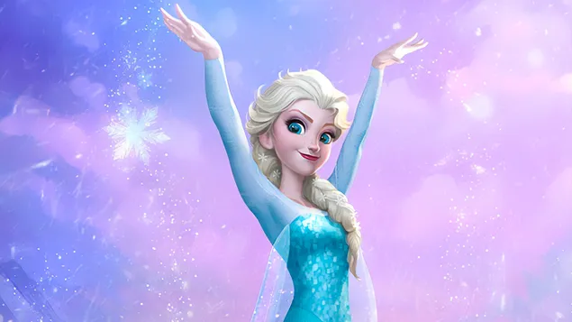 Reina Elsa con copos de nieve y fondo de cielo rosa descargar