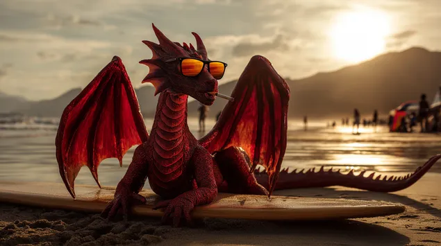 דרקון רגוע נהנה משקיעה על חוף טרופי 2K טפט