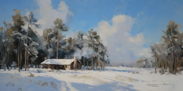 雪原上的偏远小屋 2K 壁纸