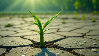 resilient green plant grows through cracked pavement with sunlit droplets download