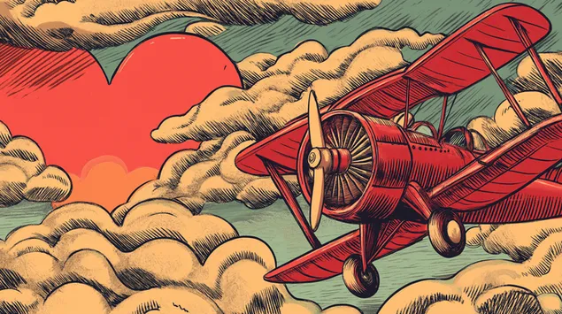 Avião retrô com coração de sol em céu nublado 2K papel de parede