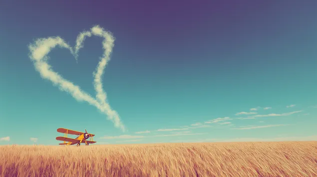 retro biplan skaber hjertesky over golden field download