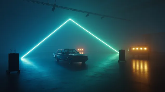 Retrobil visas under neongeometrisk ljusinstallation 2K bakgrund