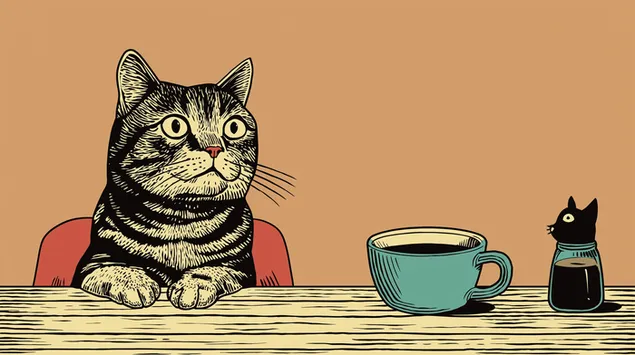 Retro katt nyter kaffe med liten flaske på bordet 2K bakgrunn