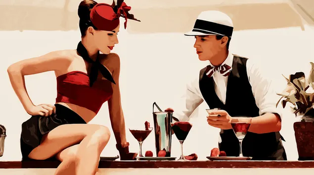 retro koppel nippt cocktails am outdoor cafe molerei eroflueden